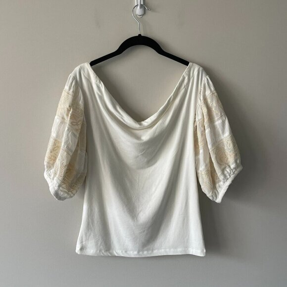 Free People Rock With It Off-Shoulder Embroidered 3/4 Sleeve Blouse Cream Medium - Picture 3 of 7
